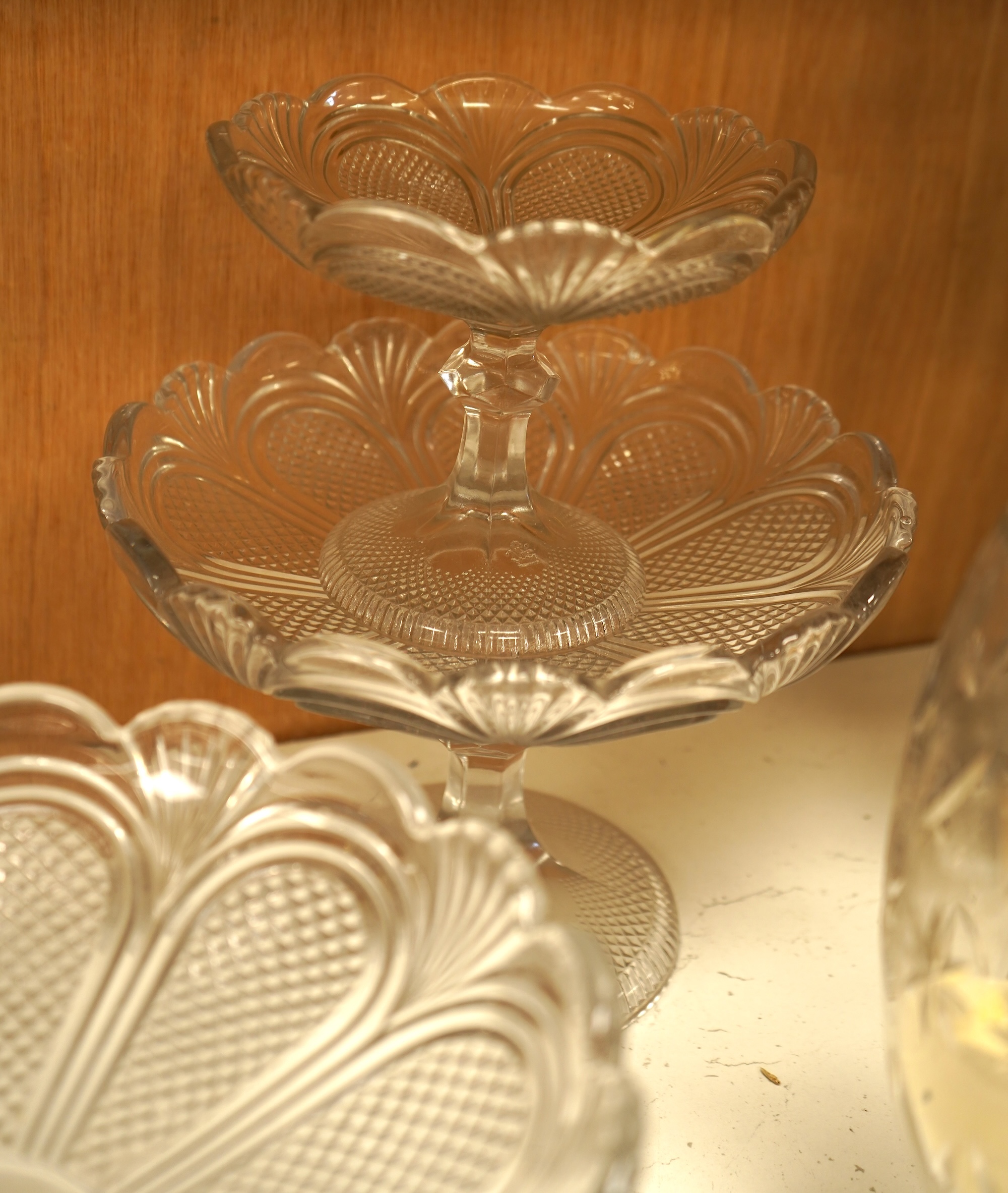 Collection of glassware to include William Yeoward beehive honey skep, five pressed glass comports and other glassware, largest 23cm in diameter